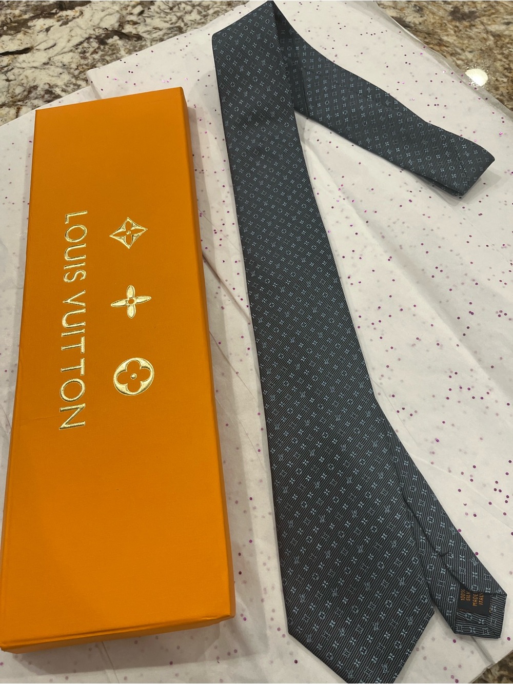 Louis Vuitton charcoal gray monogram silk tie